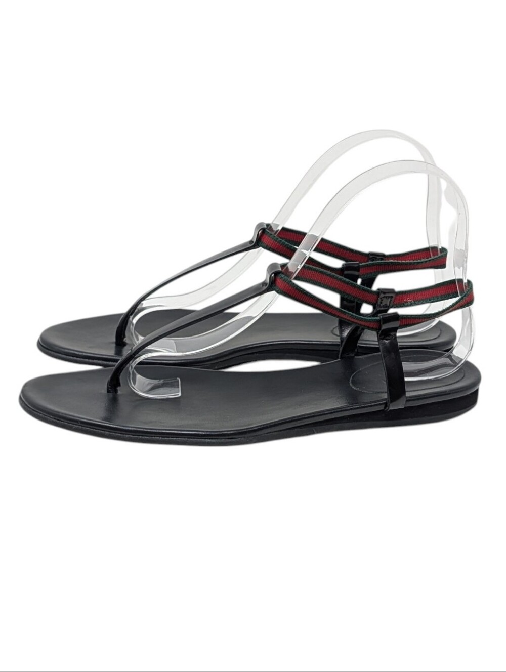 Gucci Black Green Red Striped Thong Leather Minimalist Flat Sandal Size 8 - Picture 6 of 10